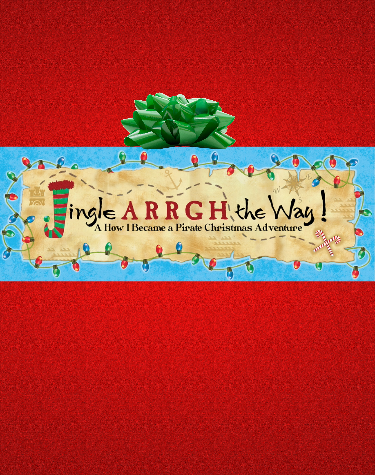 jingle Arrgh the Way musical logo on red background with Christmas decorations