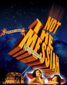 Not the Messiah logo, in stone, on stars background with Chrubs