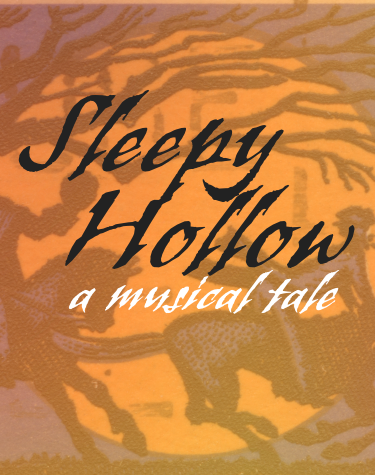 Sleepy Hollow musical logo with painting of horses and riders in chase with creepy trees overhead